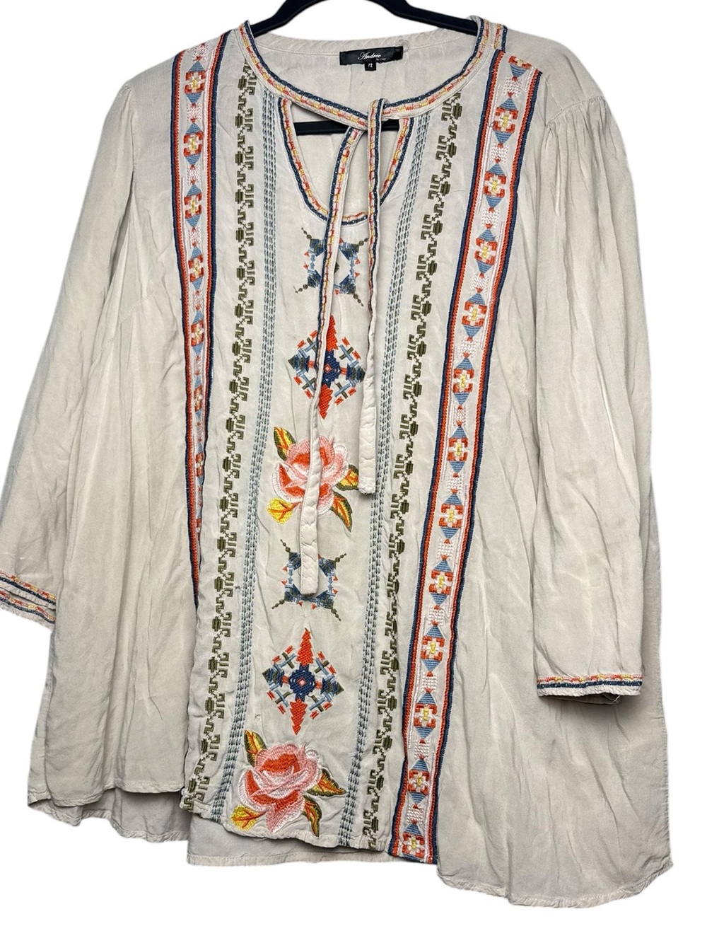 Andree by Unit Women’s 1X Embroidered Tunic Top Gray 70s HippieBoho Rayon - Picture 2 of 9